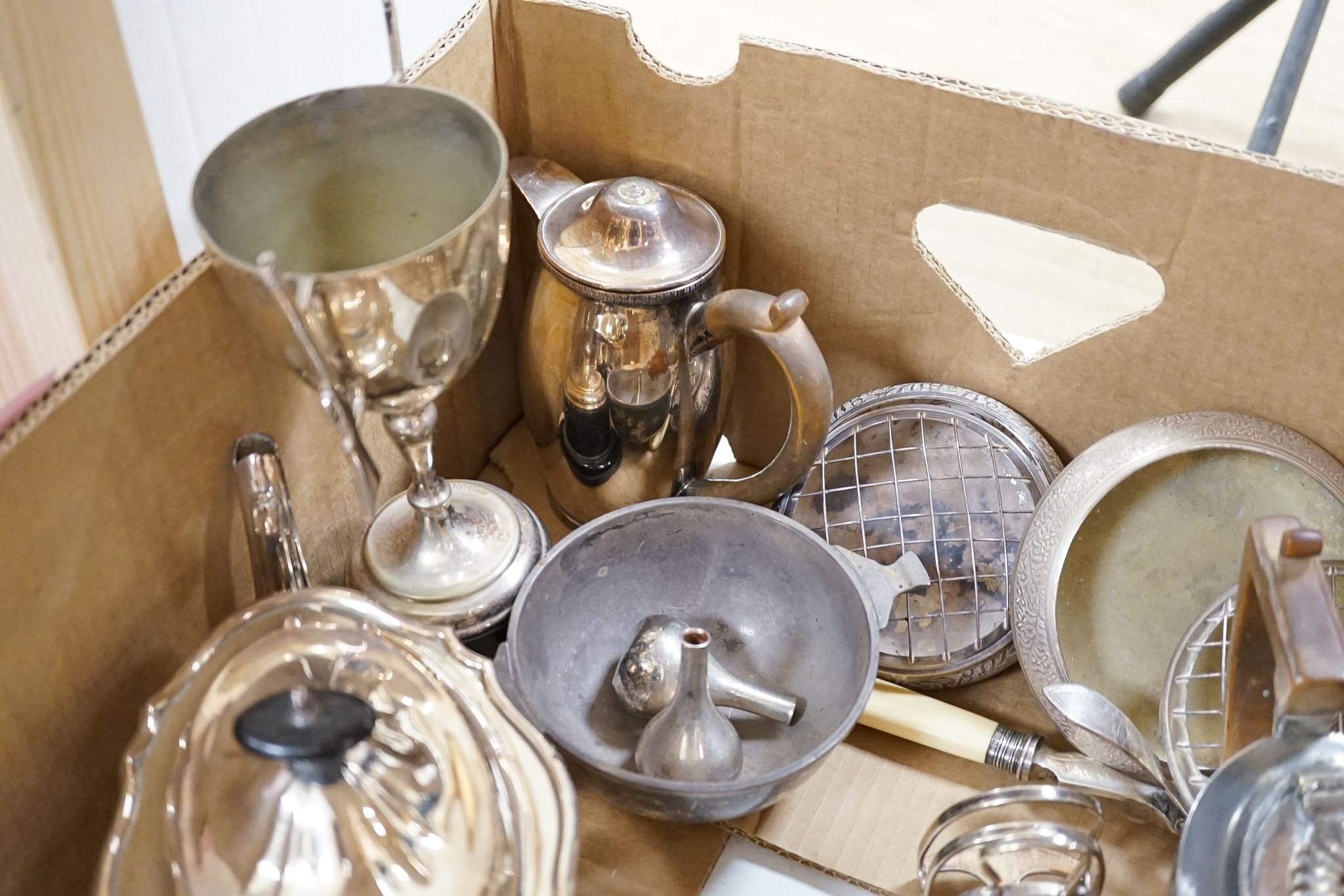 A silver plated rifle shooting cup , a cocktail shaker and mixed plate